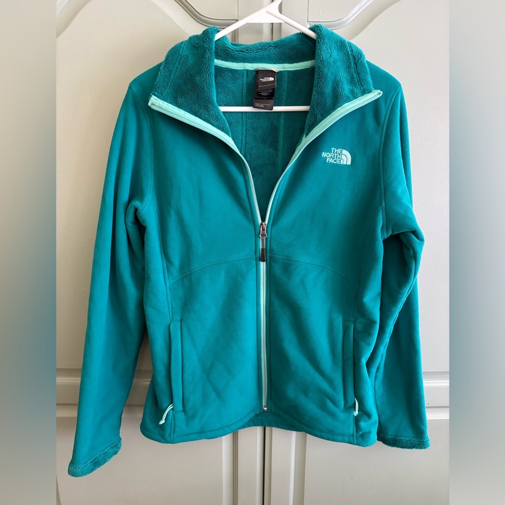The North Face Jacket Women M Teal Green Zip Up Sherpa Fleece Lined Fuzzy Casual